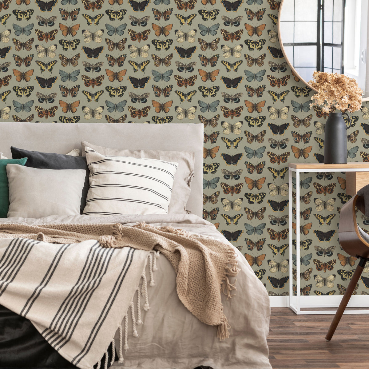 Kaleidoscope Wallpaper in Sage Green and Warm Vintage Browns