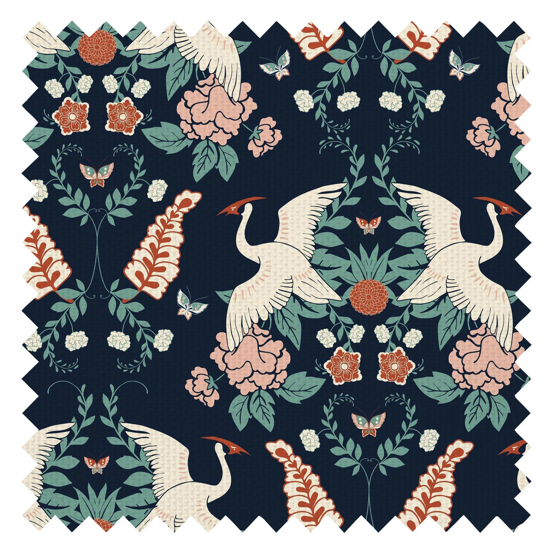 Master Crane Fabric in Oxford Blue, Duck Egg and Peony Pink
