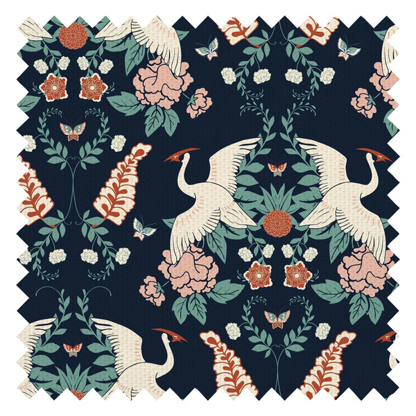 Master Crane Fabric in Oxford Blue, Duck Egg and Peony Pink
