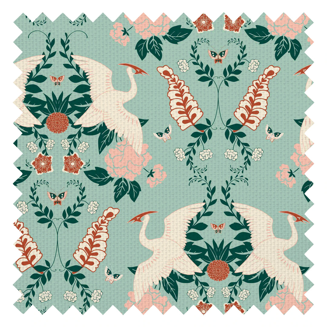 Master Crane Fabric in Duck Egg, Emerald Green and Peony Pink
