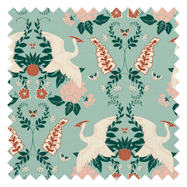 Master Crane Fabric in Duck Egg, Emerald Green and Peony Pink