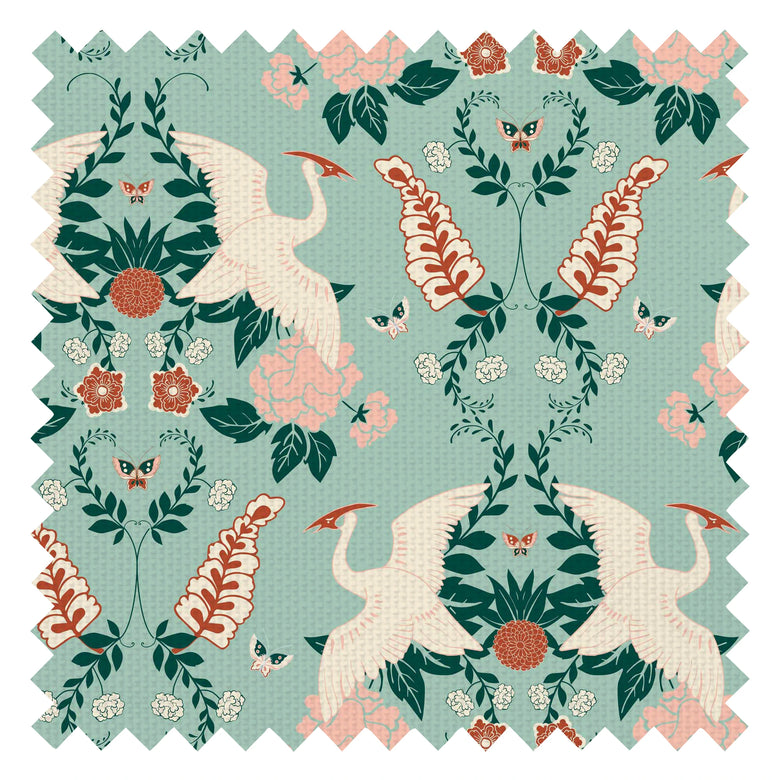 Master Crane Fabric in Duck Egg, Emerald Green and Peony Pink