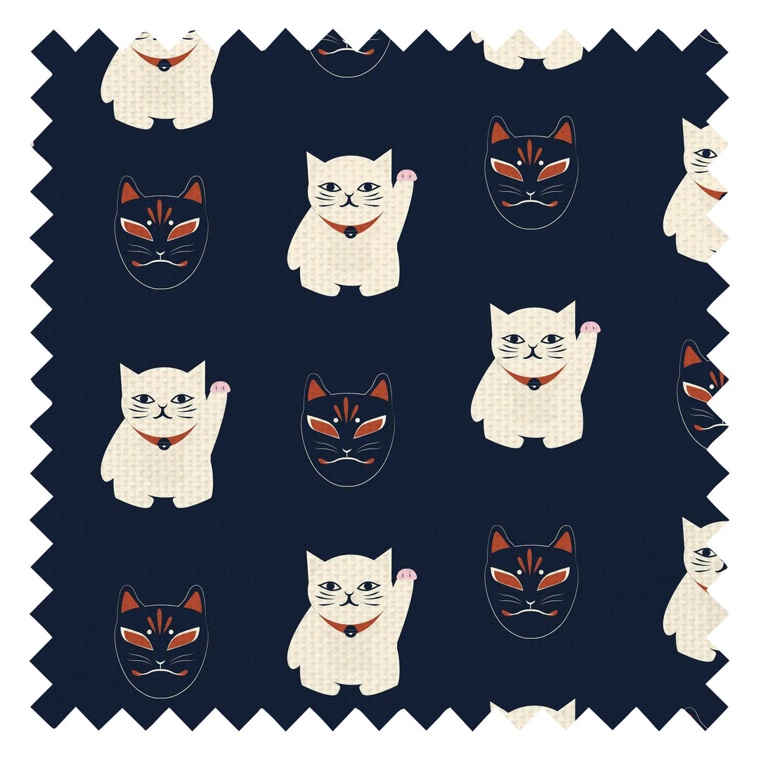 Lucky Cat Midnight Fabric in Navy, Jasmine White and Crimson