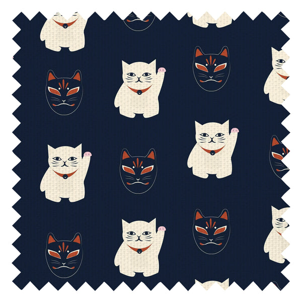 Lucky Cat Midnight Fabric in Navy, Jasmine White and Crimson