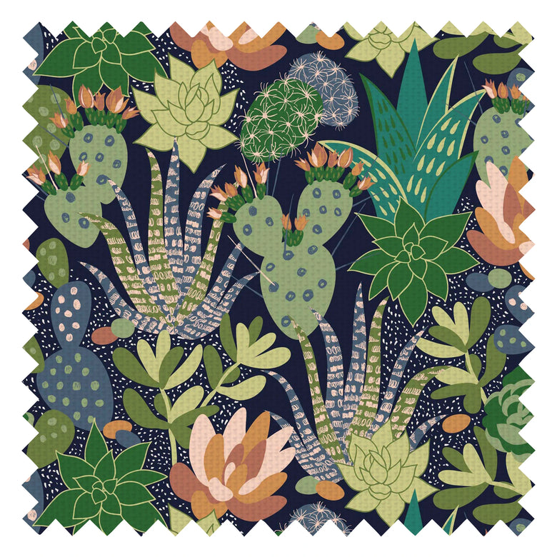 Plantopia Fabric in Space Blue, Shades of Green and Peach