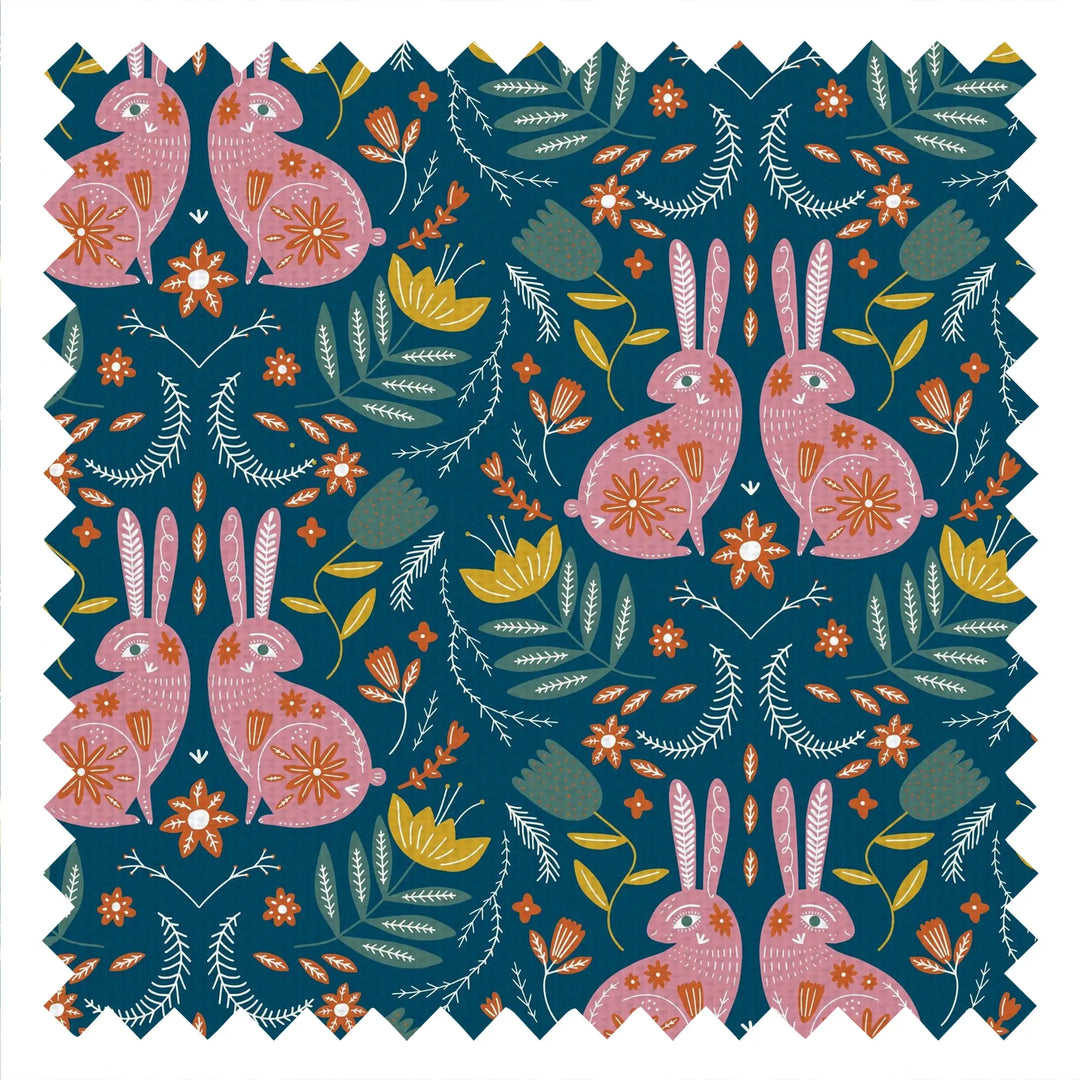 Bunny Tales Fabric in Teal and Cherry Blossom