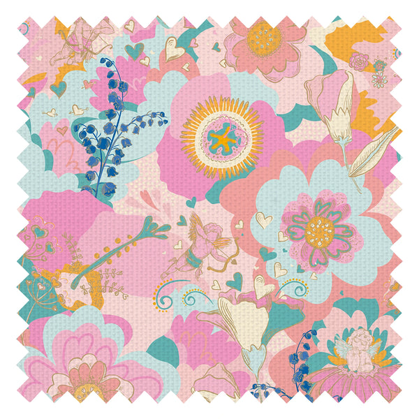 Stupid Cupid Fabric in Mint Green, Carnation Pinks and Apricot