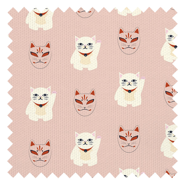 Lucky Cat Fabric in Dusty Pink, Red and Ivory
