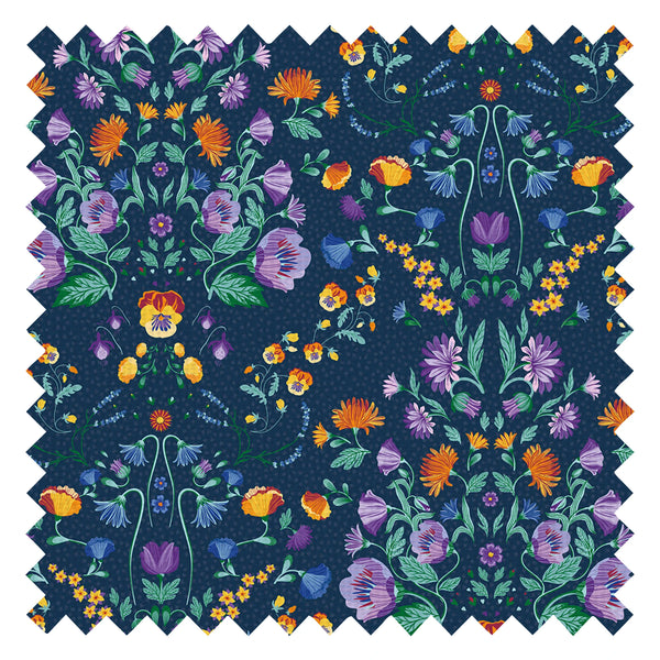 Forget Me Not Fabric in Navy, Pansy Purple, Fern and Citrus