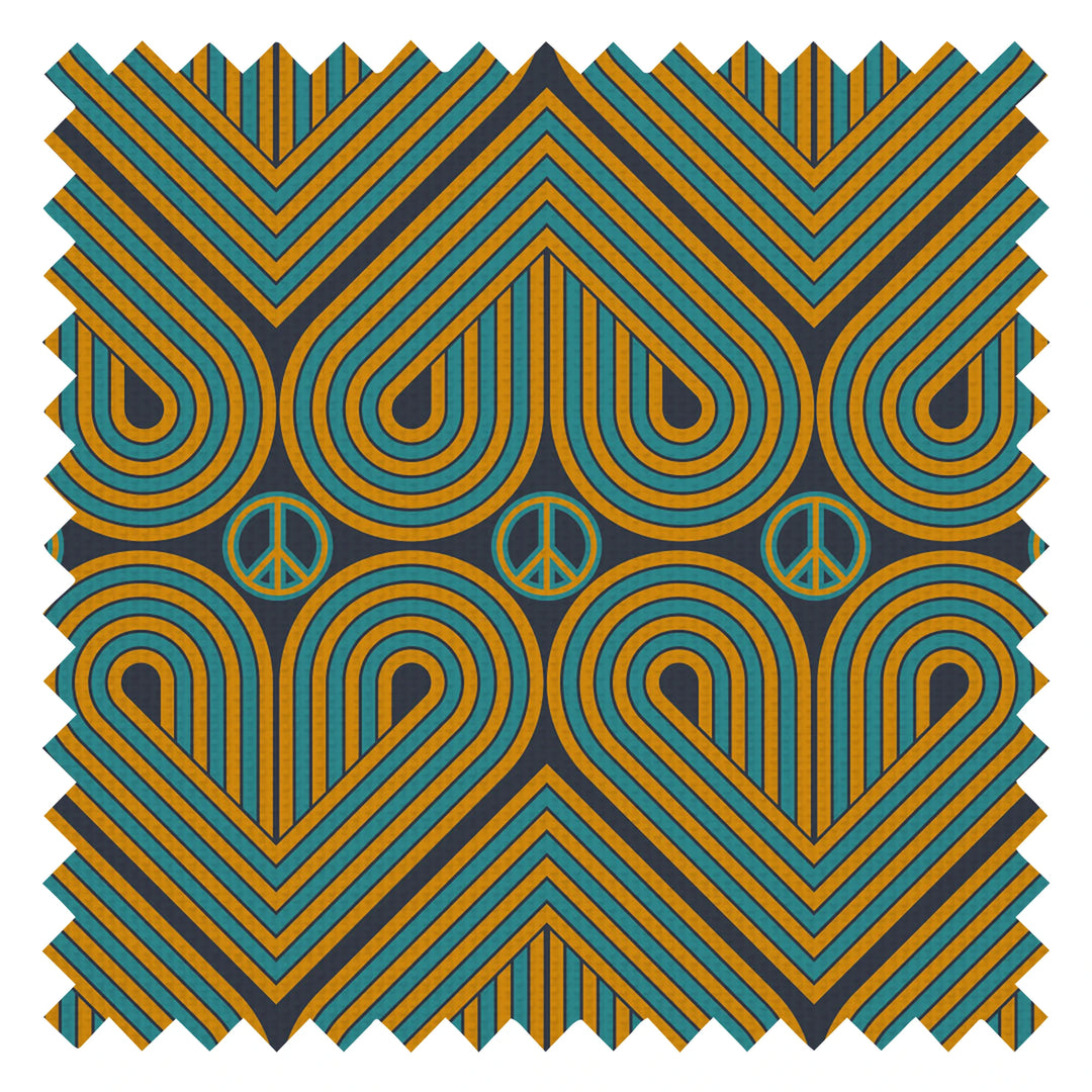 Peace and Love Fabric in Mustard and Teal on Silent Cave
