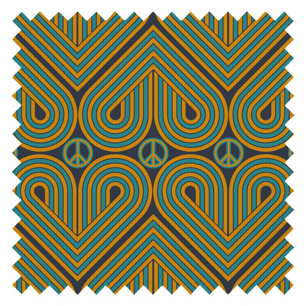 Peace and Love Fabric in Mustard and Teal on Silent Cave