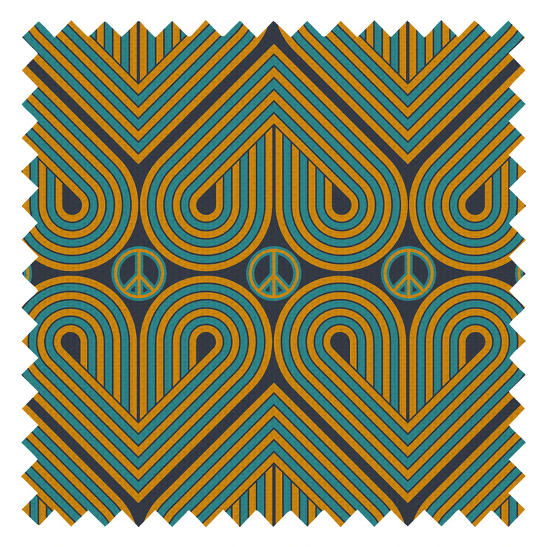 Peace and Love Fabric in Mustard and Teal on Silent Cave
