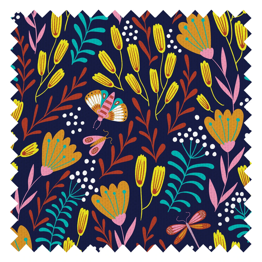 Garden of Eden Fabric in Indigo Blue, Sunshine Yellow and Teal
