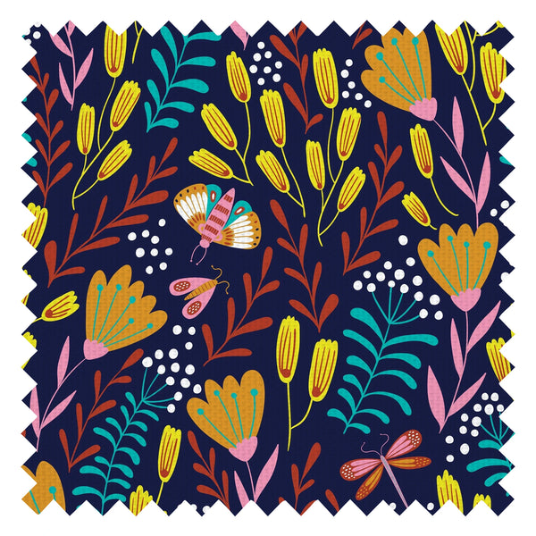 Garden of Eden Fabric in Indigo Blue, Sunshine Yellow and Teal