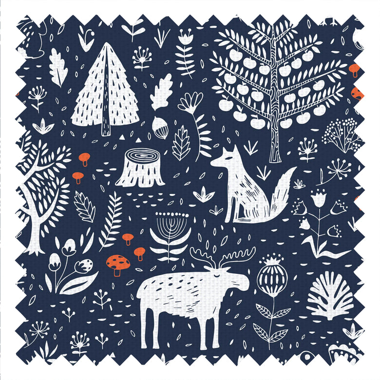 Moose in The Hoose Fabric in Midnight Navy and Crimson Accent