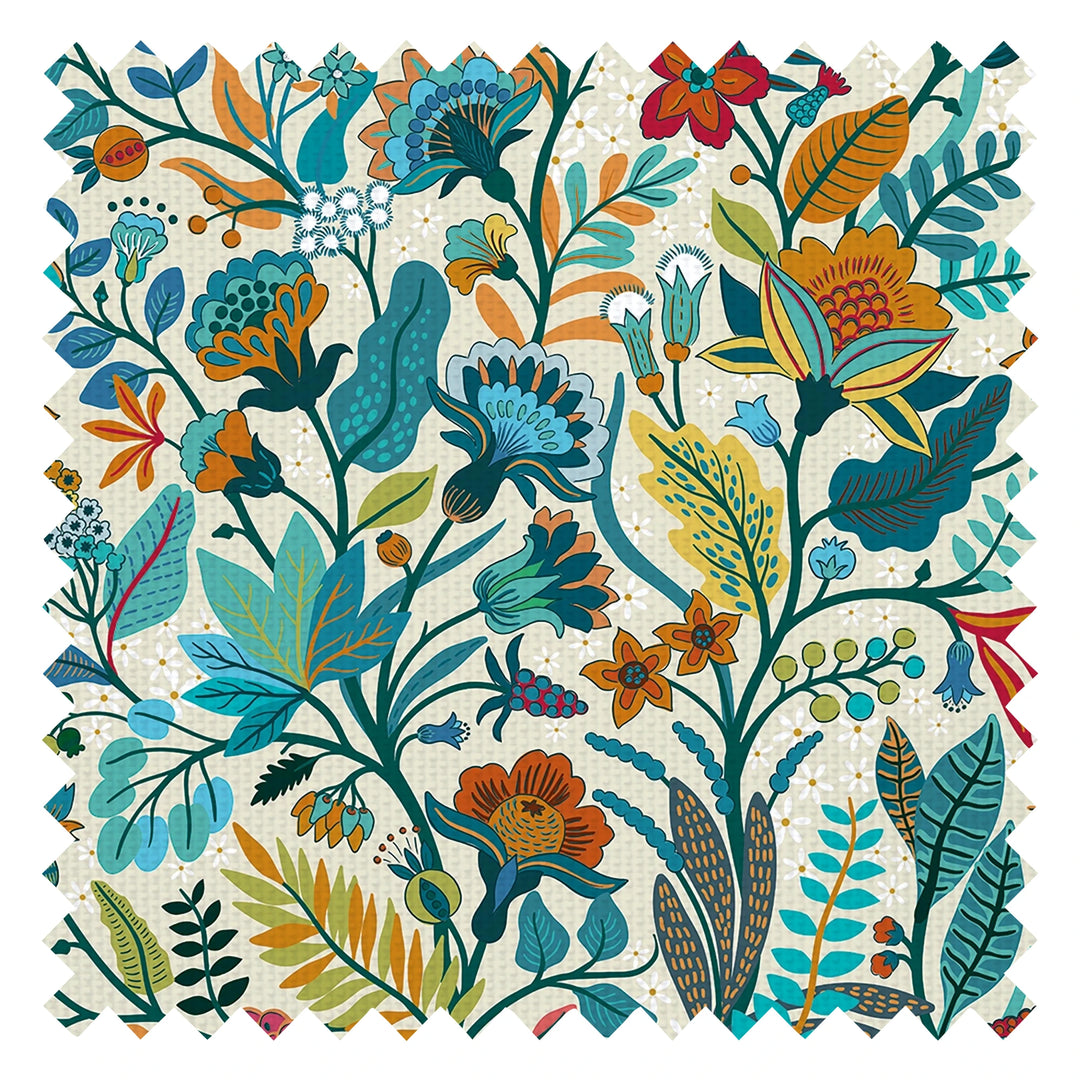 Eclectic Eden Fabric in Teal and Tan on Vintage Cream