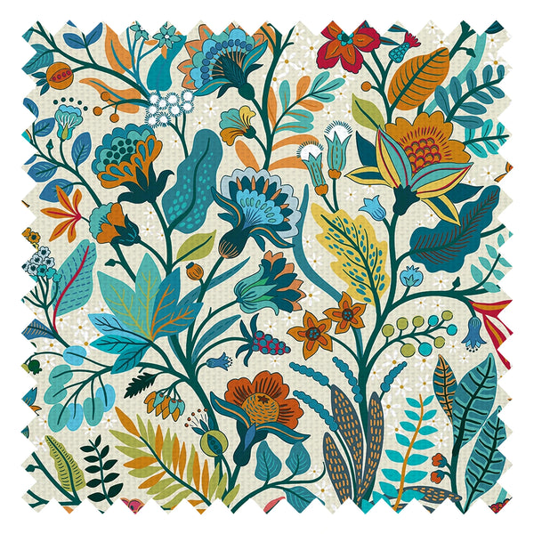 Eclectic Eden Fabric in Teal and Tan on Vintage Cream