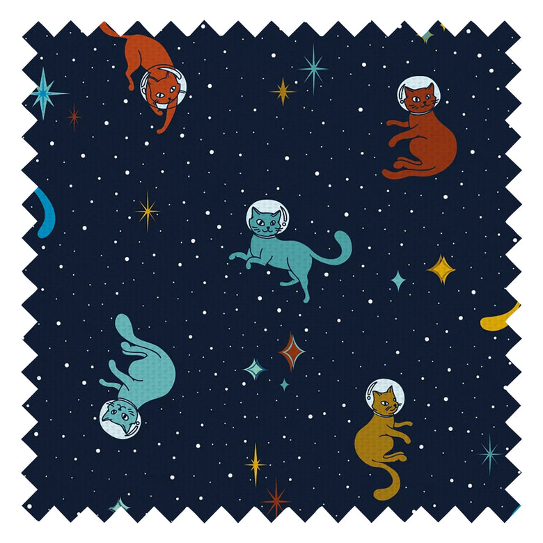 Cosmic Cats Fabric in Teal Tabby and Antique Gold on Twilight Navy