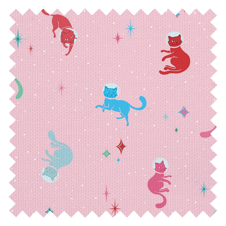 Cosmic Cats Fabric in Cherry Red and Teal Tabby on Powder Puff