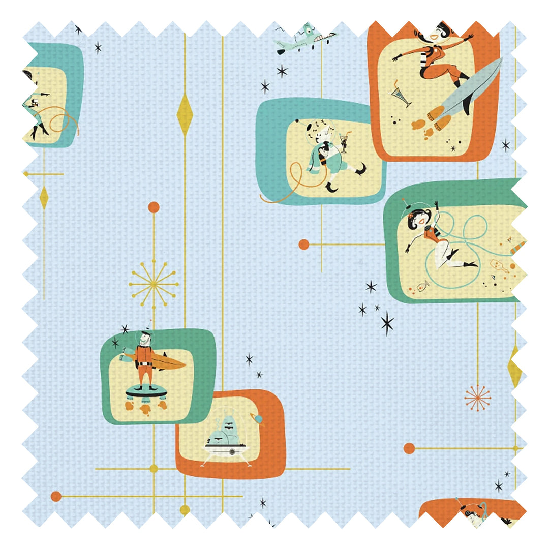 Space Race Fabric in The Running Fox and Soul Surfer on Powder Blue