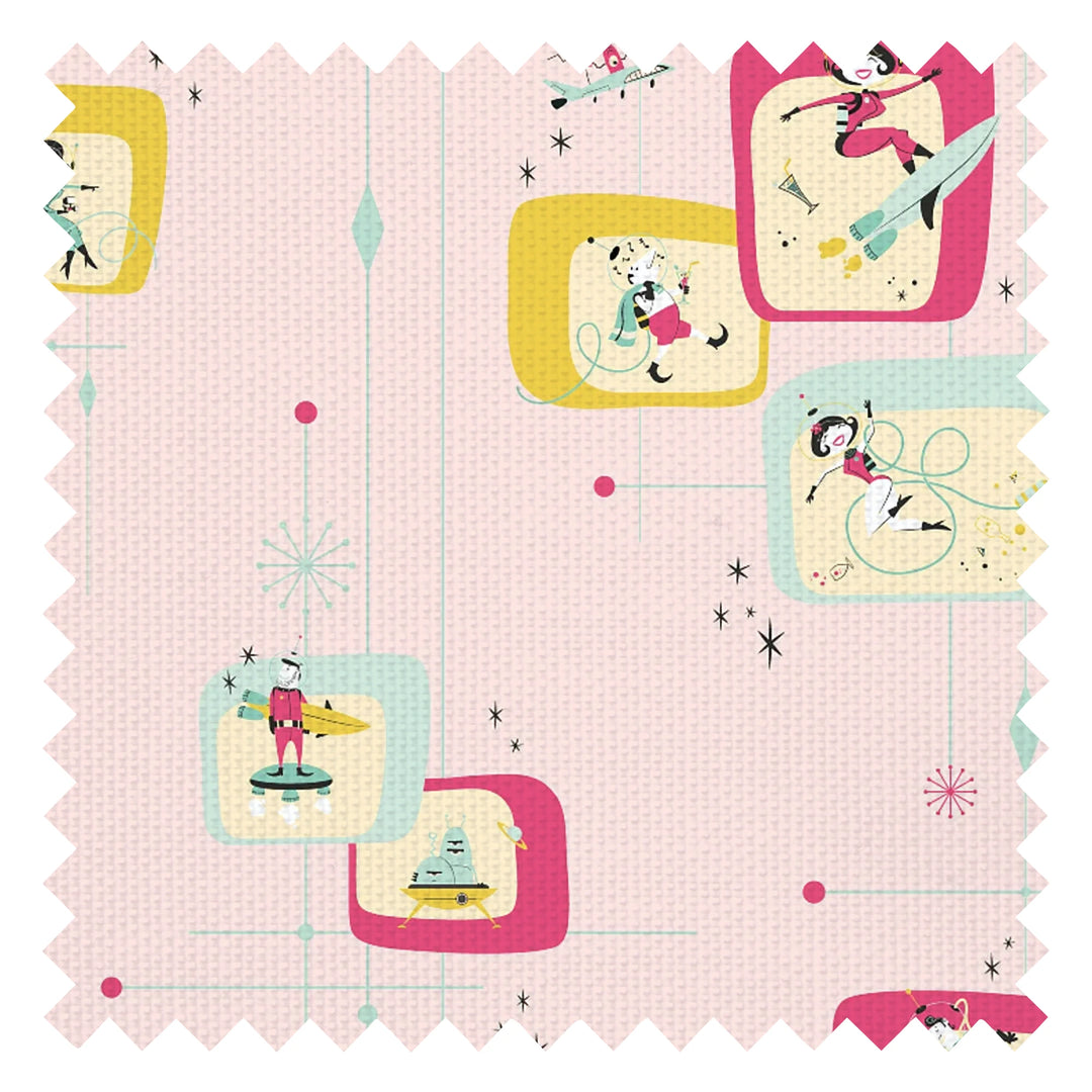 Space Race Fabric in Electric Brights on Candy Floss