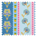 Hello Flower Fabric in Pinks on Blue