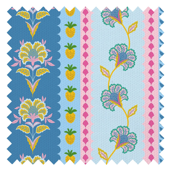 Hello Flower Fabric in Pinks on Blue