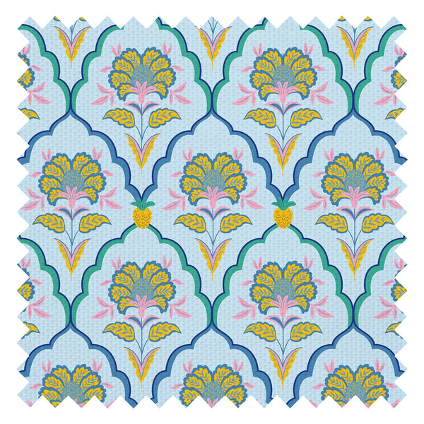 Blooming Geometric Fabric in Pinks on Blues