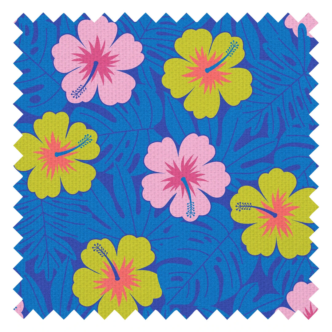 Huephoric Hibiscus Fabric in Pink and Mustard on Electric Blue