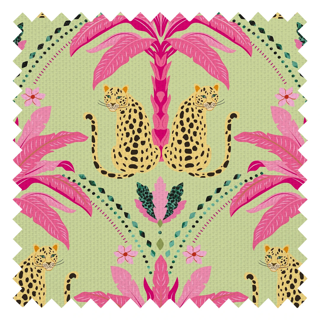 Belize Leopard Fabric in Hot Pink on Sage Green