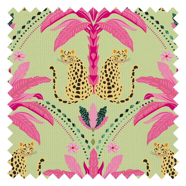 Belize Leopard Fabric in Hot Pink on Sage Green