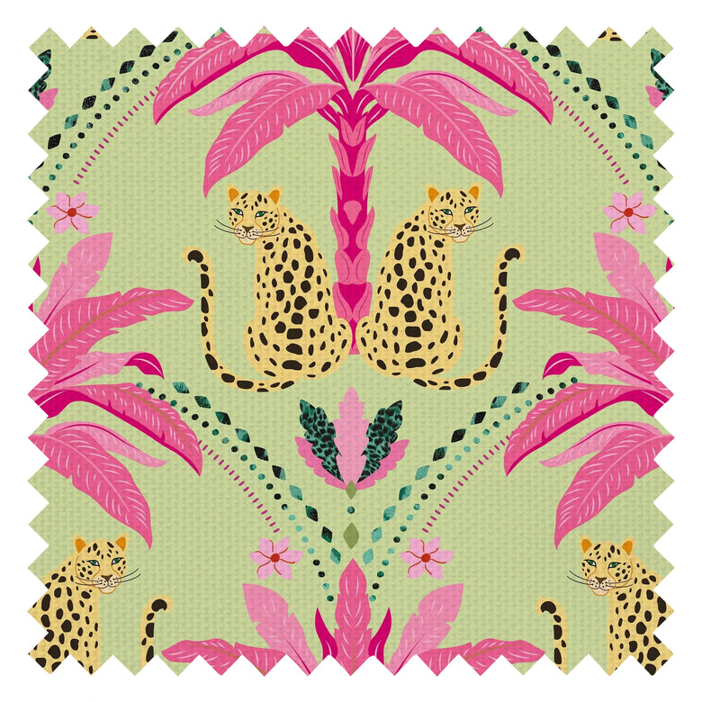 Belize Leopard Fabric in Hot Pink on Sage Green