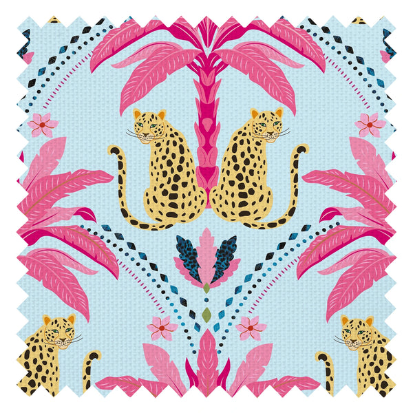 Belize Leopard Fabric in Hot Pink on Blueberry