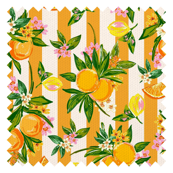The Bells of St Clements Stripe Fabric in Seville Orange Stripe on Melba Cream