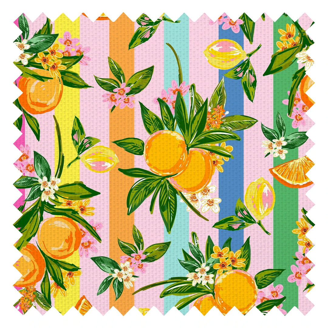 The Bells of St Clements Stripe Fabric in Rainbow Stripes on Candy Pink