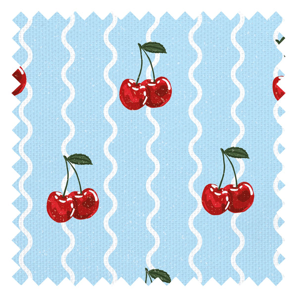 Cherry Delicious Fabric in Sky Blue and White