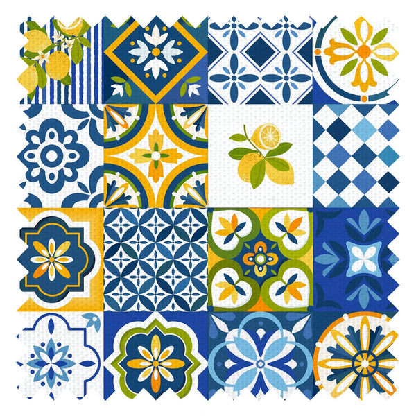 Maiolica Mosaic Fabric in Mediterranean Blue and Sorrento Lemon