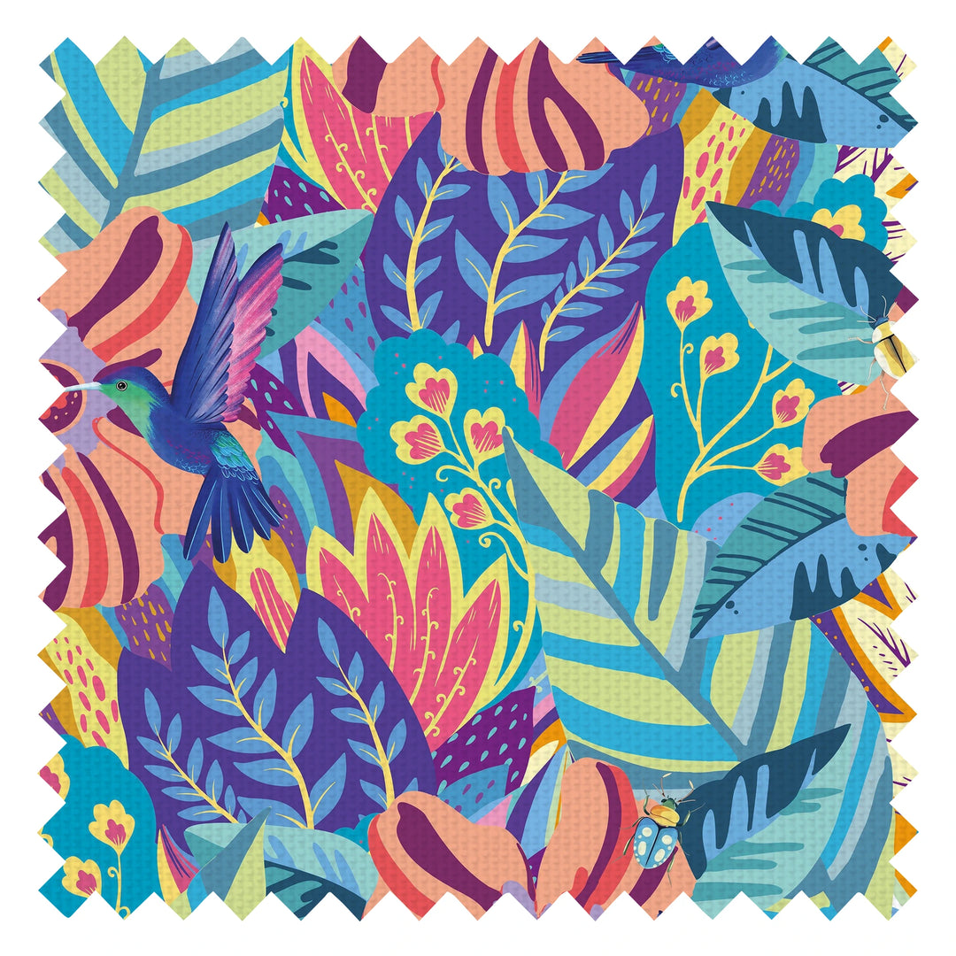 Hidden Hummingbird Fabric in Blues, Mustard and Millennial Pink