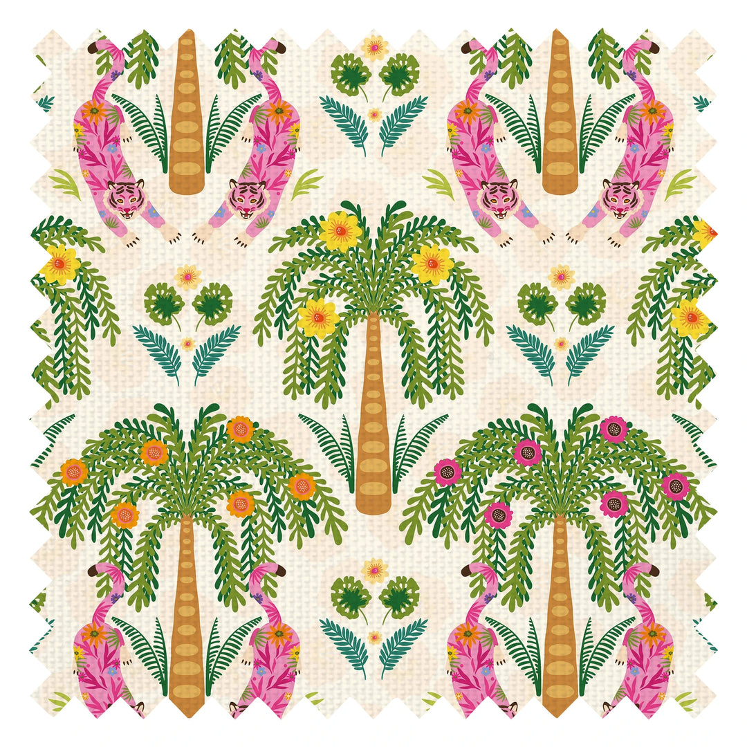 Crouching Tiger Fabric in Olive Greens and Brights on Cream