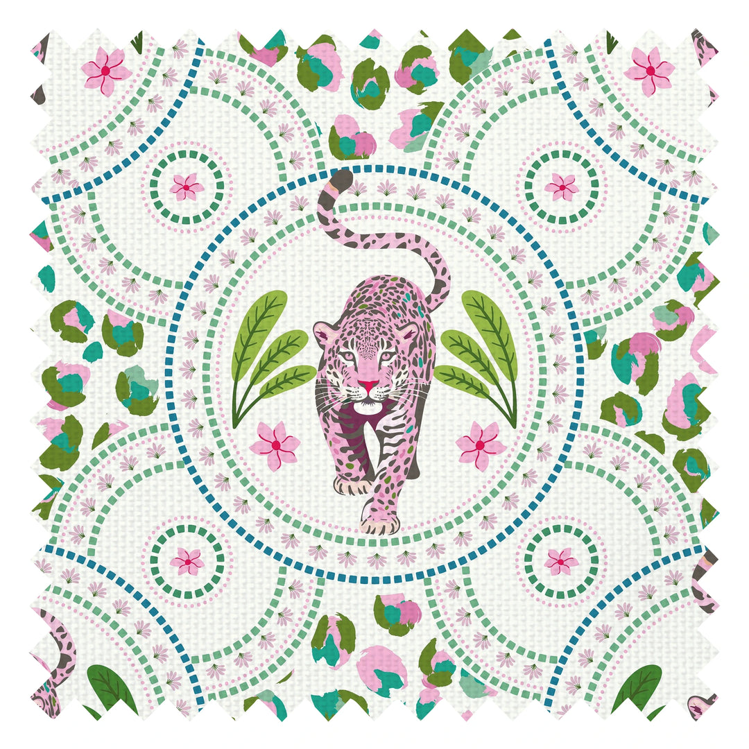 Silent Hunter Fabric in Greens and Pink on Light Cream