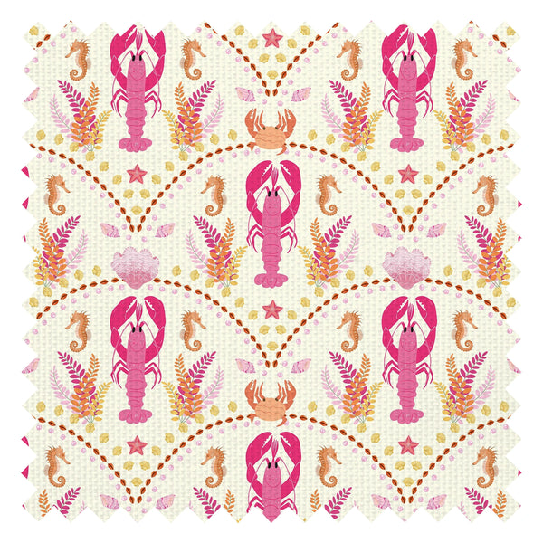 She's our Lobster Fabric in Pink and Orange on Cream