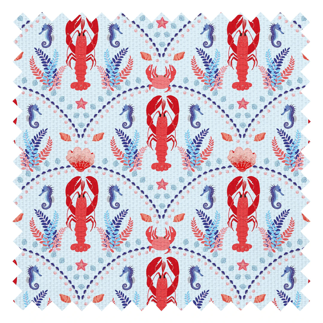 She's our Lobster Fabric in Red and Navy on Sky Blue