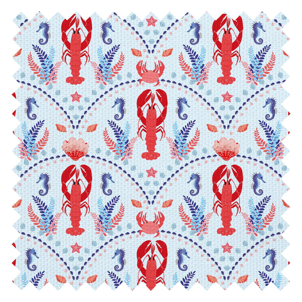 She's our Lobster Fabric in Red and Navy on Sky Blue