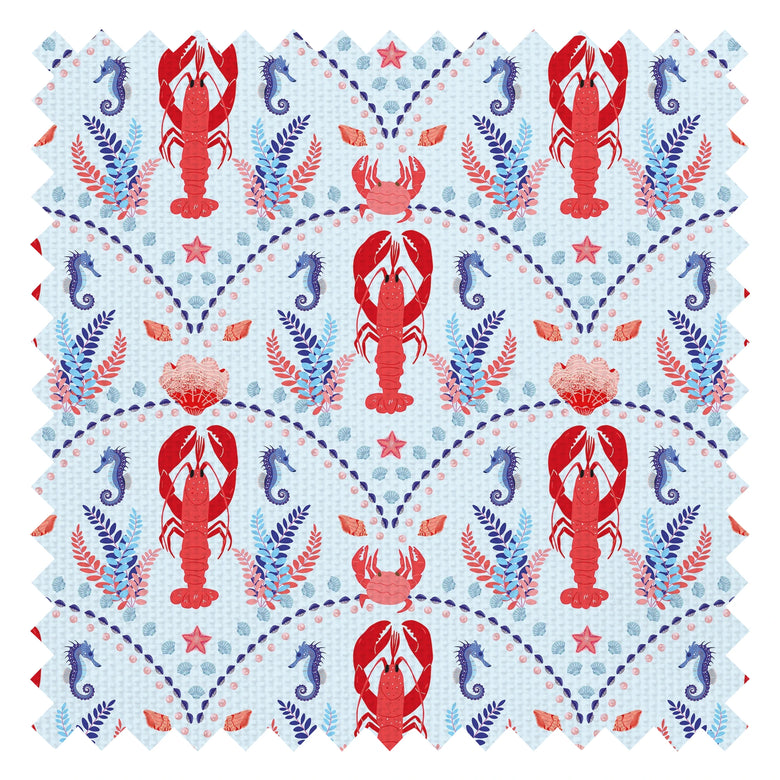 She's our Lobster Fabric in Red and Navy on Sky Blue