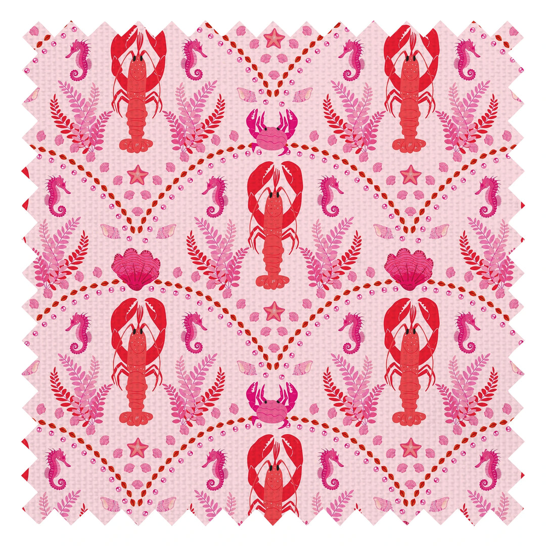 She's our Lobster Fabric in Red and Hot Pink on Pink
