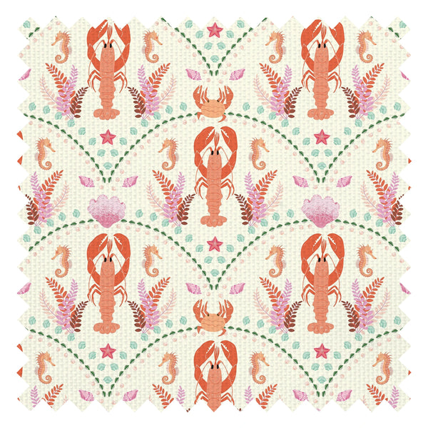 She's our Lobster Fabric in Terracotta and Greens on Cream