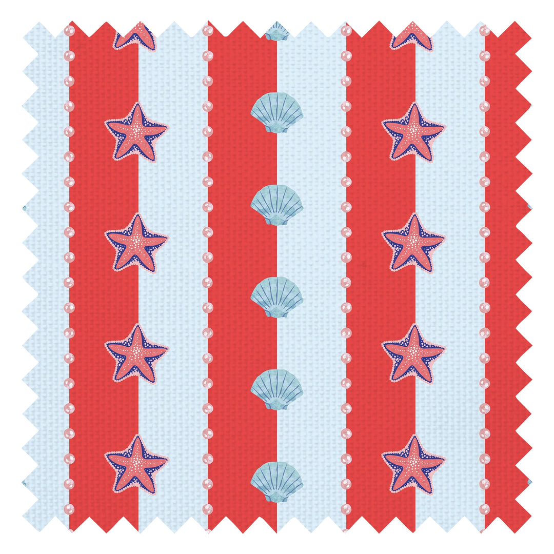 Seashell Stripe Fabric in Red and Sky Blue