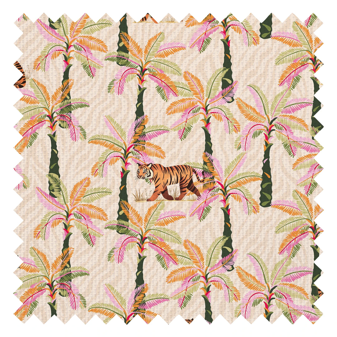 Tiger Palm Fabric in Pink, Orange and Green on Natural Tiger Stripe