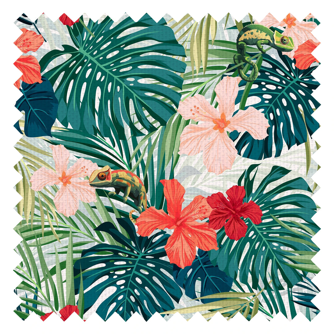 Calmer Chameleon Fabric in Tropical Green and Reds