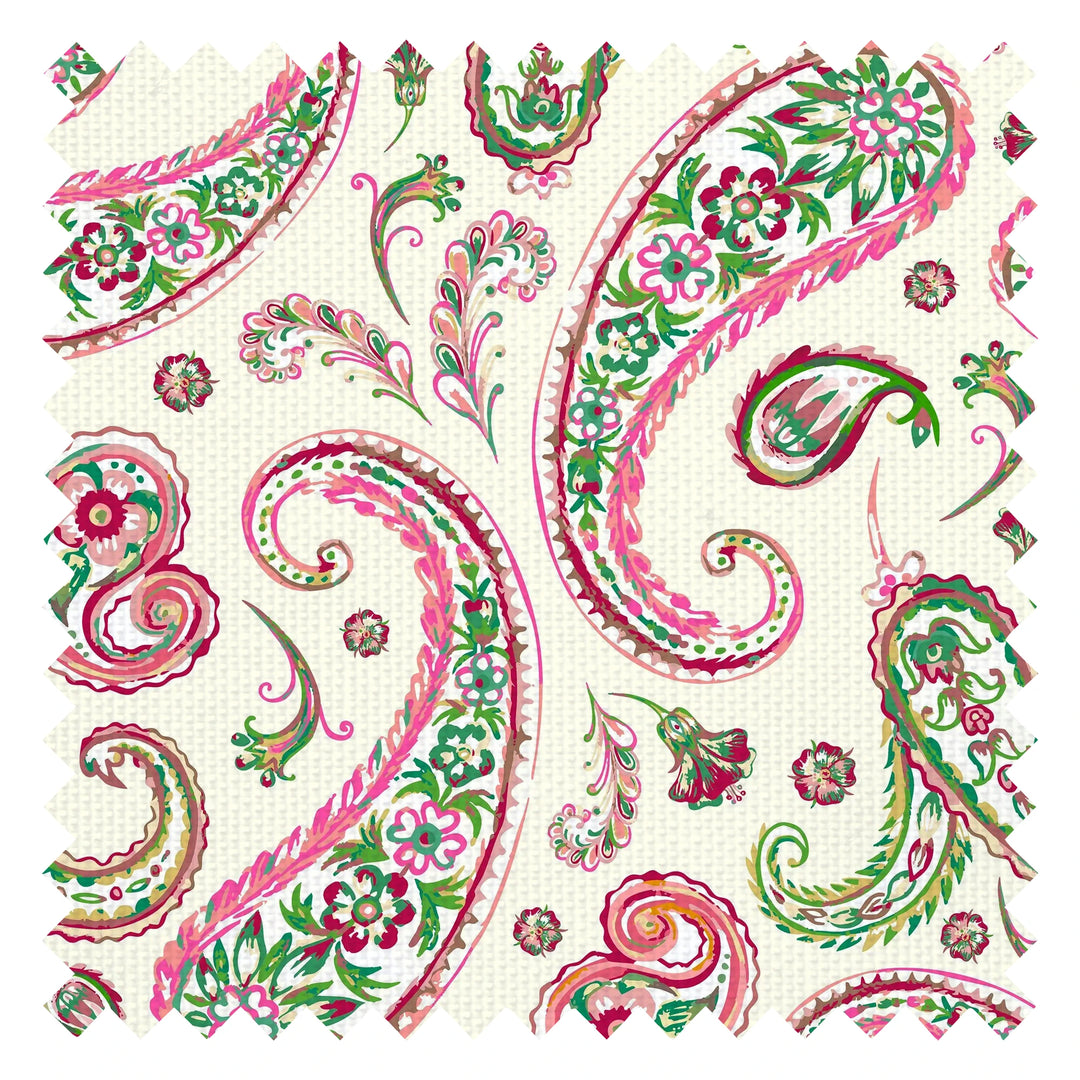 Paisley Passion Fabric in Pinks and Forest Green on Cream